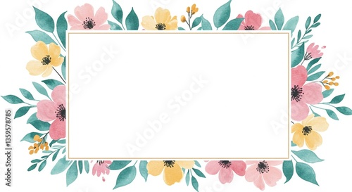 Elegant Watercolor Floral Frame Pink Yellow Flowers Blank Space Wedding Invitation Template Spring