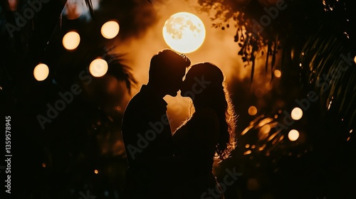 Silhouette of a couple sharing a tender moment under a full moon.