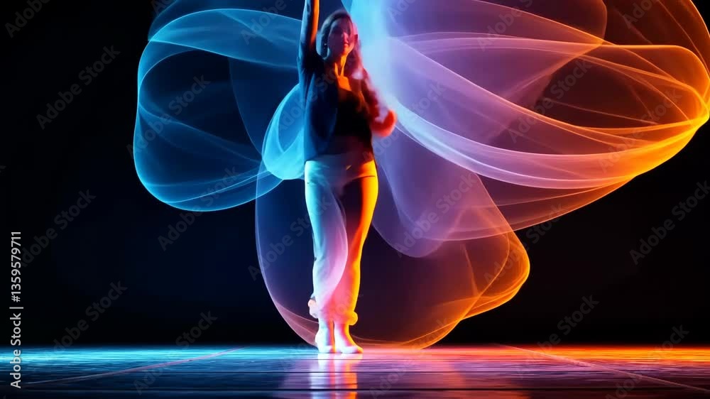 Majestic dancer performs with flowing fabrics against a dark backdrop in a stunning display of movement and color