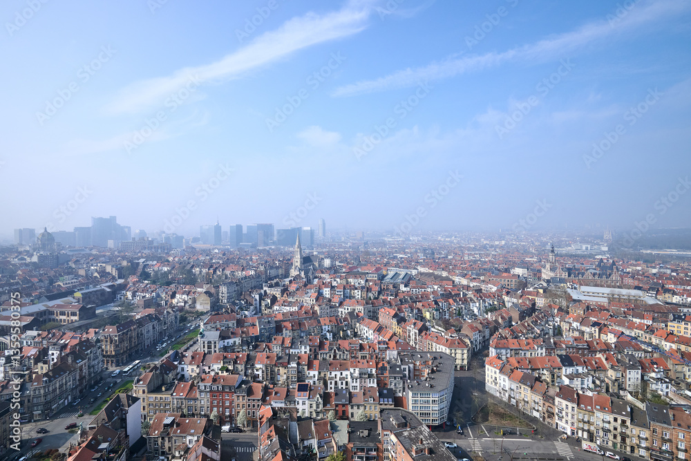 Aerial view on the north of Brussels on a misty day