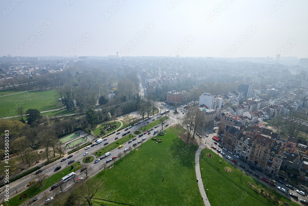 Aerial view on the north of Brussels on a misty day