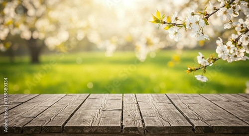 Rustic Wooden Tabletop Spring Blossoms Background Sunny Green Field Cherry Tree Branches