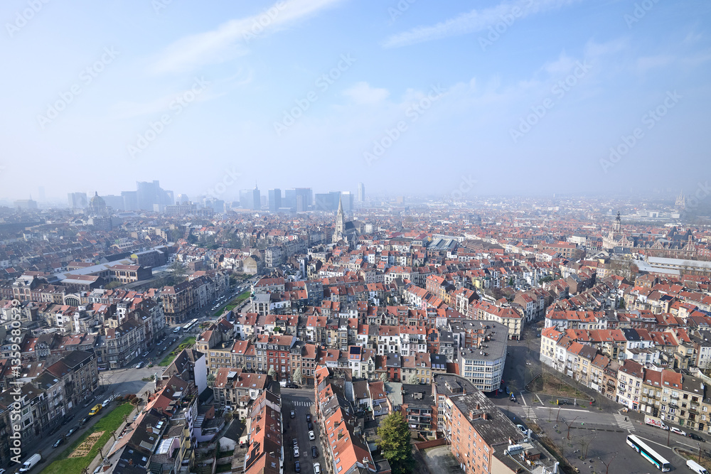 Aerial view on the north of Brussels on a misty day