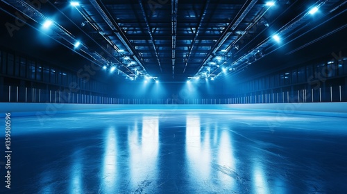 Hockey rink illuminated by bright spotlights shining onto the ice with a modern structure