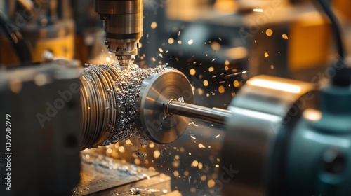 metalworking: a close-up shot of a lathe cutting into a metal rod