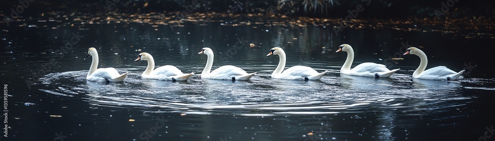 Fototapeta premium A group of swans gliding across a glassy pond, creating gentle ripples