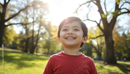 Happy young boy smiling outdoors in sunny park with copy space.