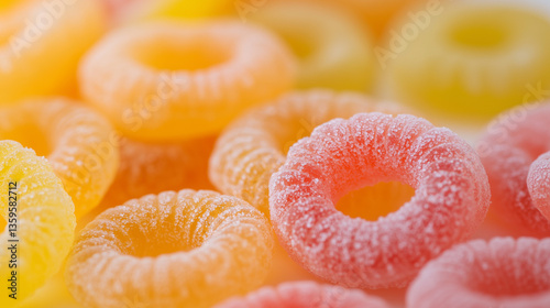 Colorful sugar-coated gummy ring candies in close-up, vibrant and sweet