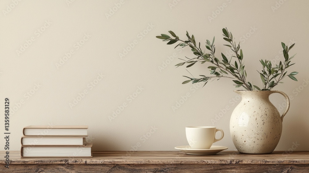 Fototapeta premium A serene morning tableau captures a soft ceramic pitcher adorned with olive branches beside a simple cup and saucer. Stacked books lay on a rustic wooden table beneath a calming beige wall