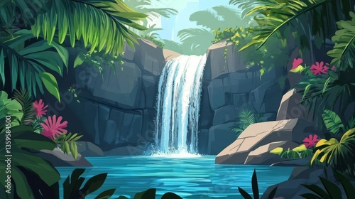 lush waterfall scene featuring cascading water and vibrant tropical foliage