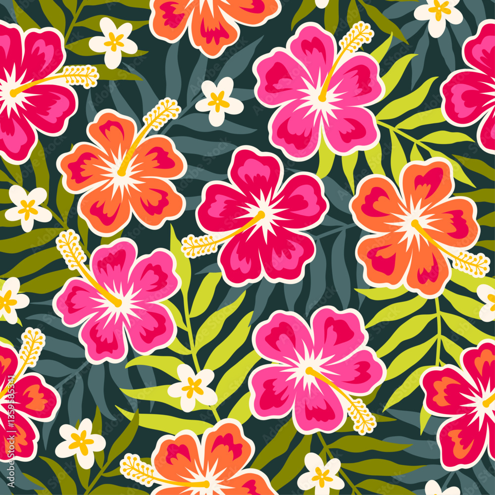 Fototapeta premium Hibiscus flower, frangipani and tropical leaf seamless pattern design for summer holidays background.