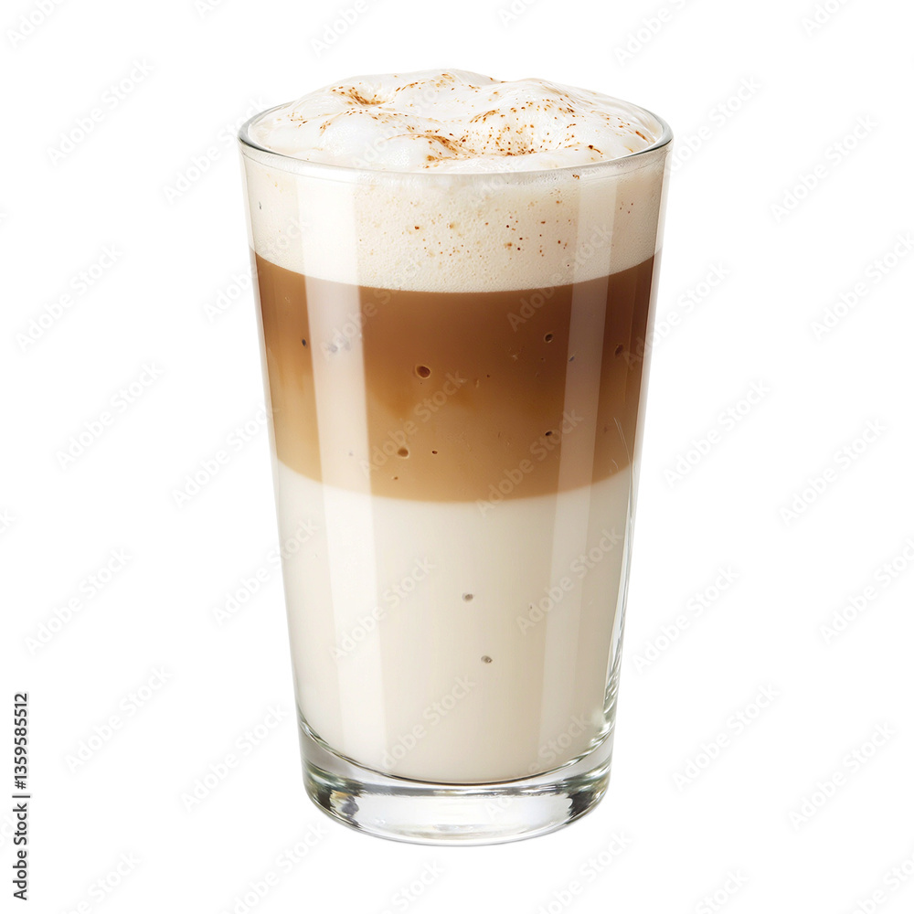 Close up of a layered latte in a transparent glass showcasing rich espresso and frothy steamed milk Perfect for coffee lovers Close up of a layered latte in a transparent glass showcasing rich espresso and frothy steamed milk Perfect for coffee lovers