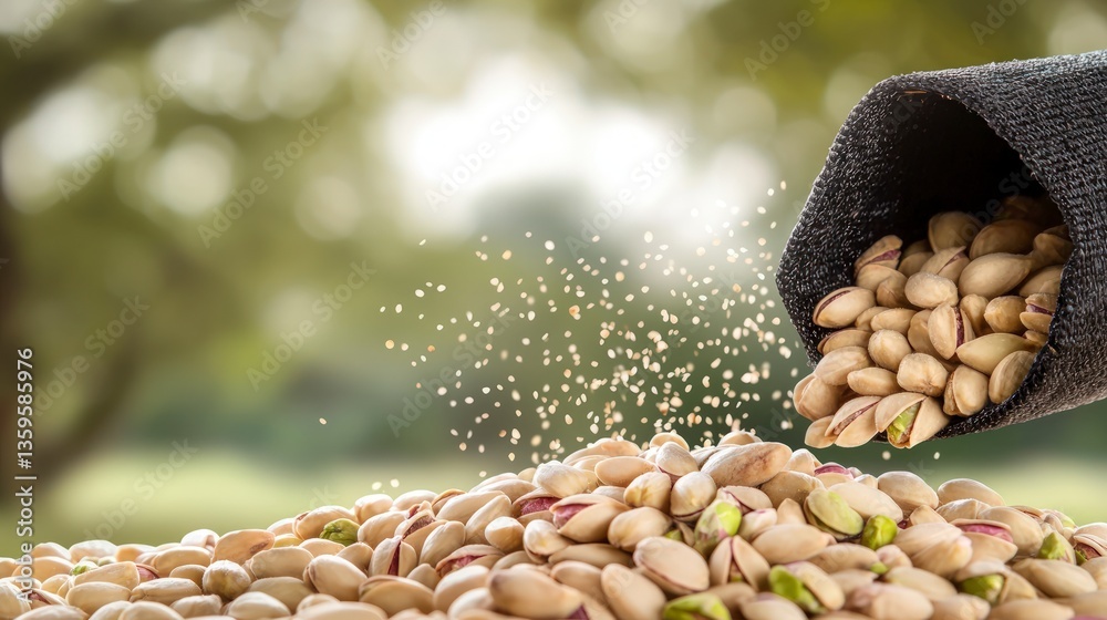 Obraz premium Fresh Pistachios Pouring Healthy Snack Green Background Food Photography