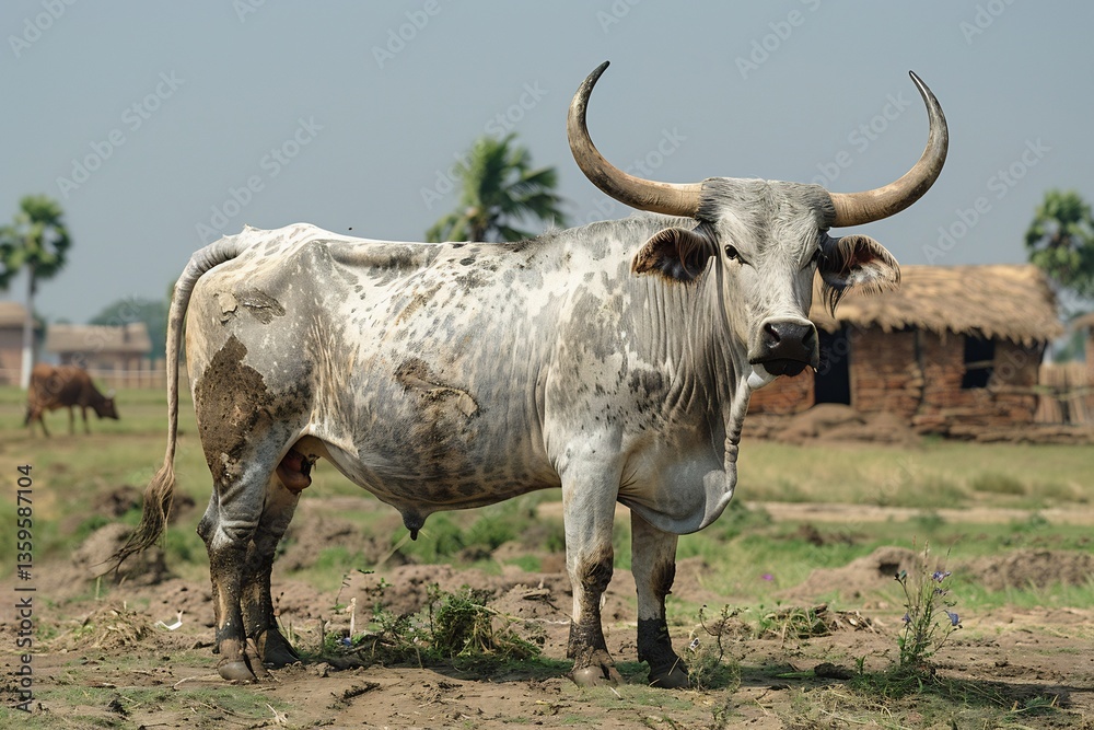 Kankrej bull Bos indicus standing proudly sunlit pasture massive curved horn pointing upward sleek silver gray coat gleam under bright sky while traditional Indian village setting mud hut palm tree Kankrej bull Bos indicus standing proudly sunlit pasture massive curved horn pointing upward sleek silver gray coat gleam under bright sky while traditional Indian village setting mud hut palm tree