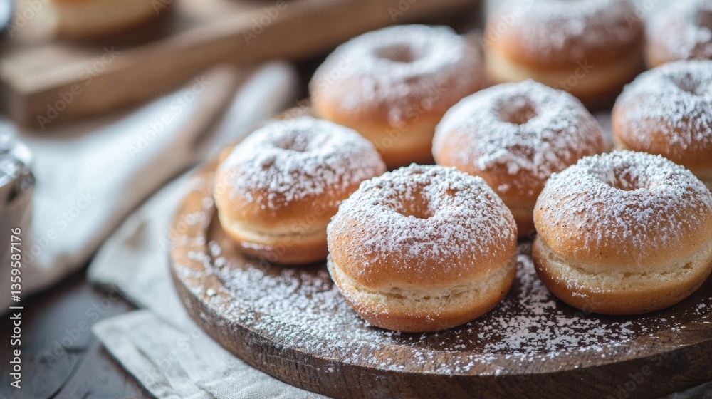 Freshly baked donuts dusted with powdered sugar Freshly baked donuts dusted with powdered sugar