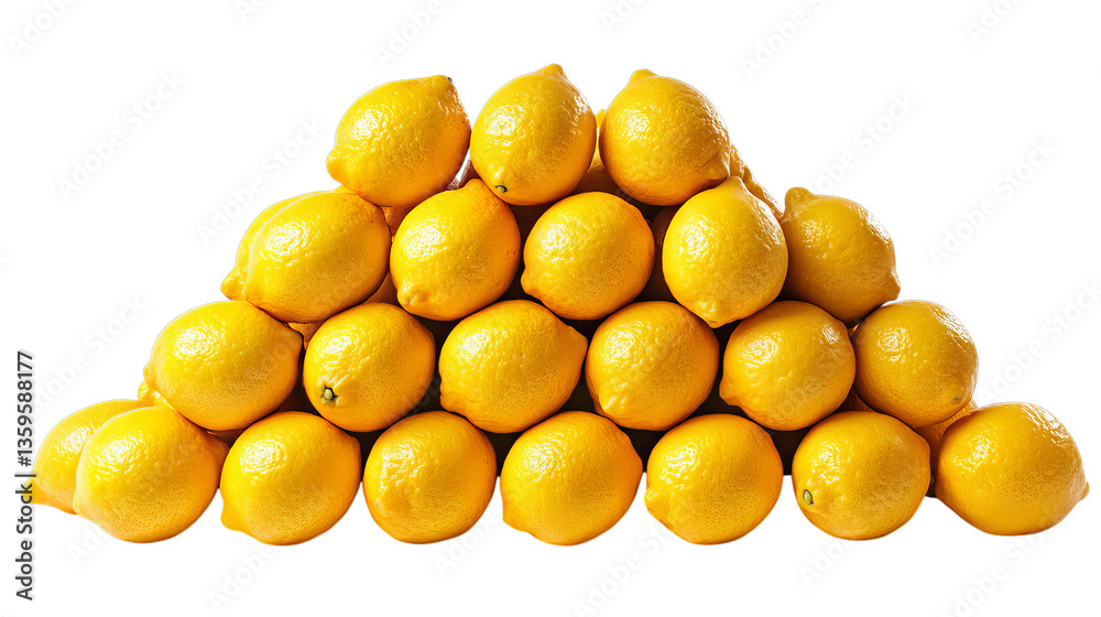 Png of Fresh and vibrant yellow lemons arranged in a pyramid shape, showcasing their natural beauty on transparent background. Png of Fresh and vibrant yellow lemons arranged in a pyramid shape, showcasing their natural beauty on transparent background.
