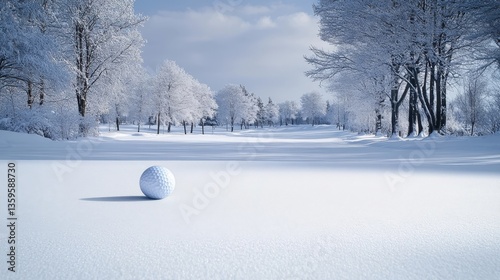 golfing in winter: a golf ball rests on a snowy golf course under a pale sky amidst snow-covered trees