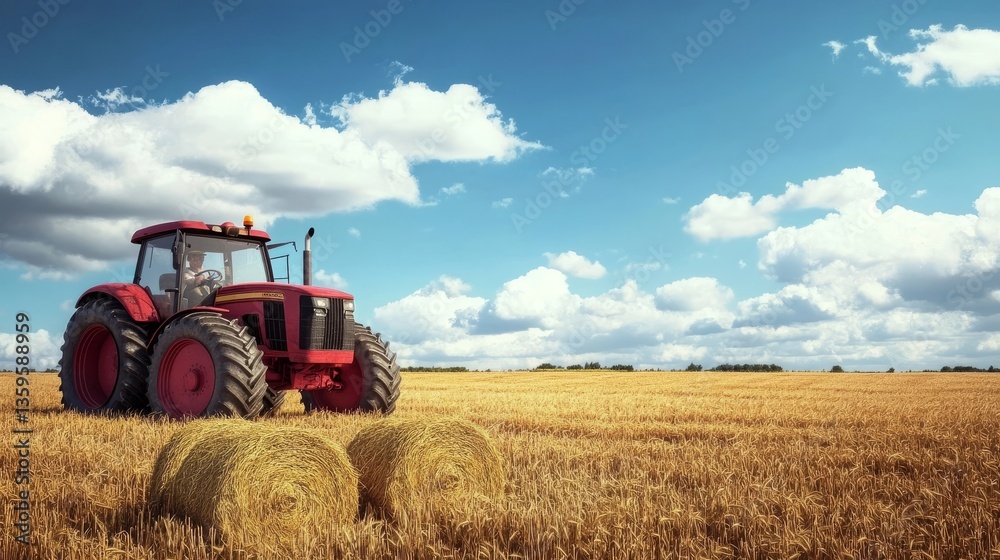 Fototapeta premium Red tractor in golden wheat field with hay bales under a blue