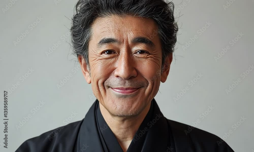 Smiling elderly asian man in traditional dark clothing against neutral background. Concept of wisdom, culture and human warmth Smiling elderly asian man in traditional dark clothing against neutral background. Concept of wisdom, culture and human warmth