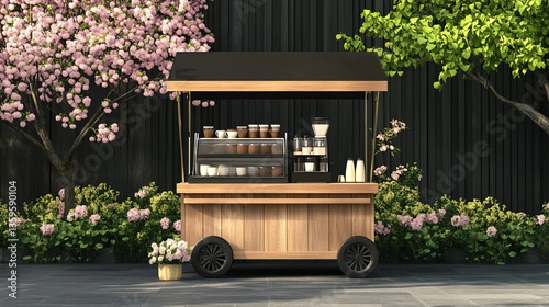 A simple pop-up coffee cart with fresh coffee and a spring garden background, offering a warm invitation to passersby pic
