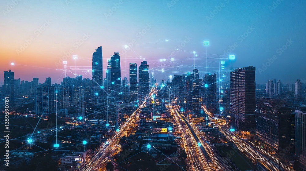 Obraz premium Ultra-modern city with augmented reality panels overlaying streets, shimmering skyscrapers with dynamic LED displays, aerial perspective, dusk ambiance 