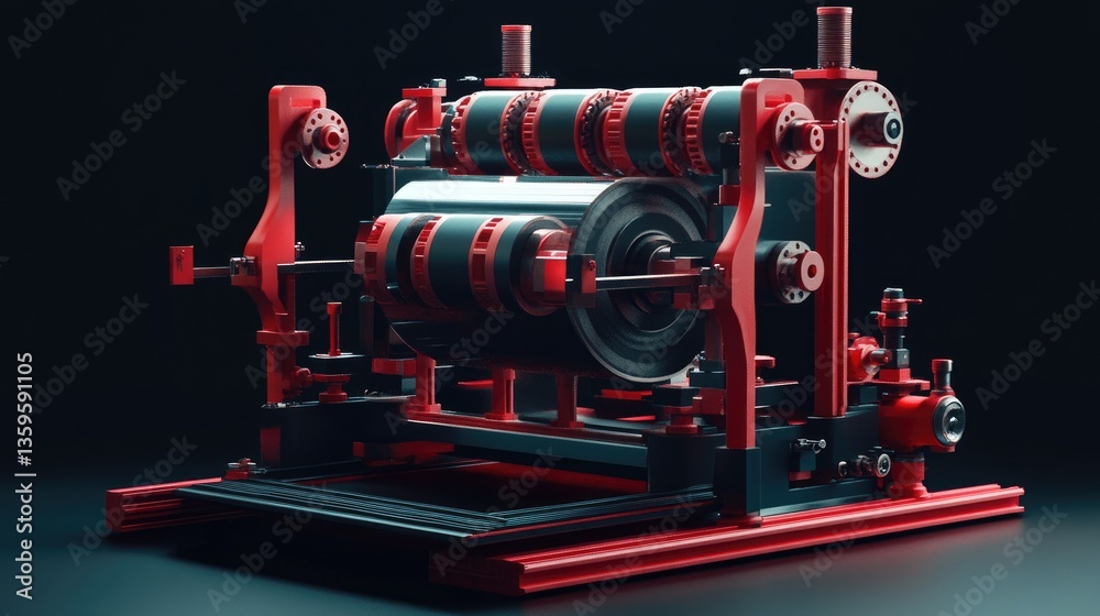 Fototapeta premium A heavy-duty rubber milling machine with rotating rollers and conveyor belts, isolated on a black matte background