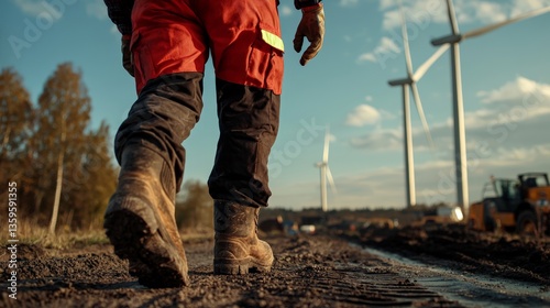 an image of a worker from the back, wearing red and black work clothes, including a white hard hat and boots. He is standing and looking to the right. He is walking on an outdoor industrial surface
