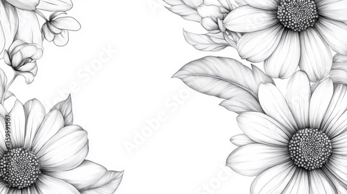 floral arrangement featuring daisies and leaves in detailed pencil sketch style