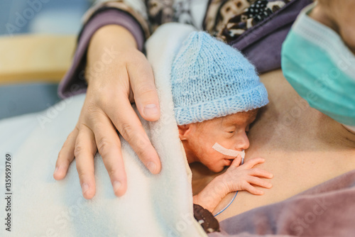 Woman holding premature baby during kangaroo care in NICU