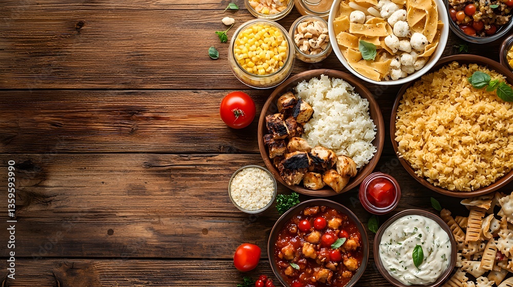 Delicious variety of food arranged on a rustic wooden table perfect for a cozy movie night gathering with friends Delicious variety of food arranged on a rustic wooden table perfect for a cozy movie night gathering with friends