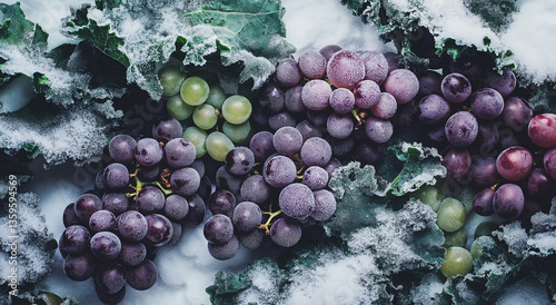 Uvas e couve congeladas, colheita de inverno