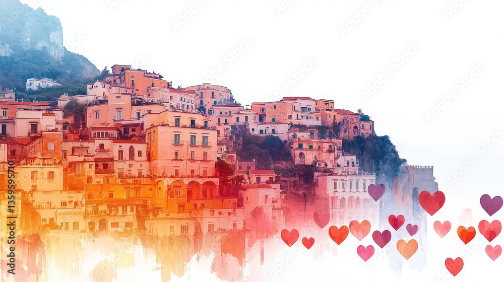 Obraz premium Dreamy double exposure of Amalfi Coast blending with pastel hearts