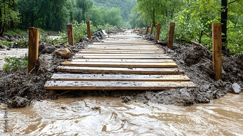 Bridge spanning a muddy river surrounded by signs of destruction caused by a recent mudslide or natural disaster event