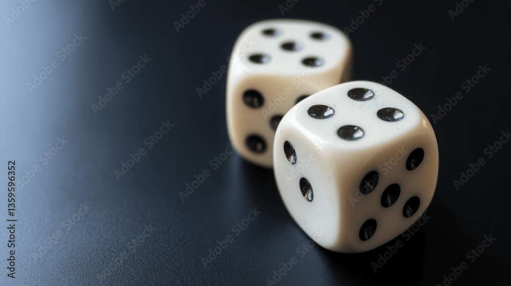 Two dice on a dark surface, ready for a roll. Two dice on a dark surface, ready for a roll.