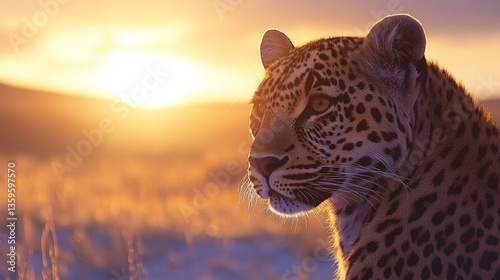 Majestic leopard portrait with a blurred savanna background, powerful wildlife photography, Generative AI
