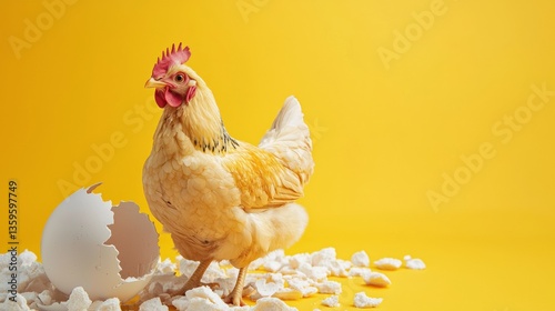 Hen with eggs on a bright yellow background
