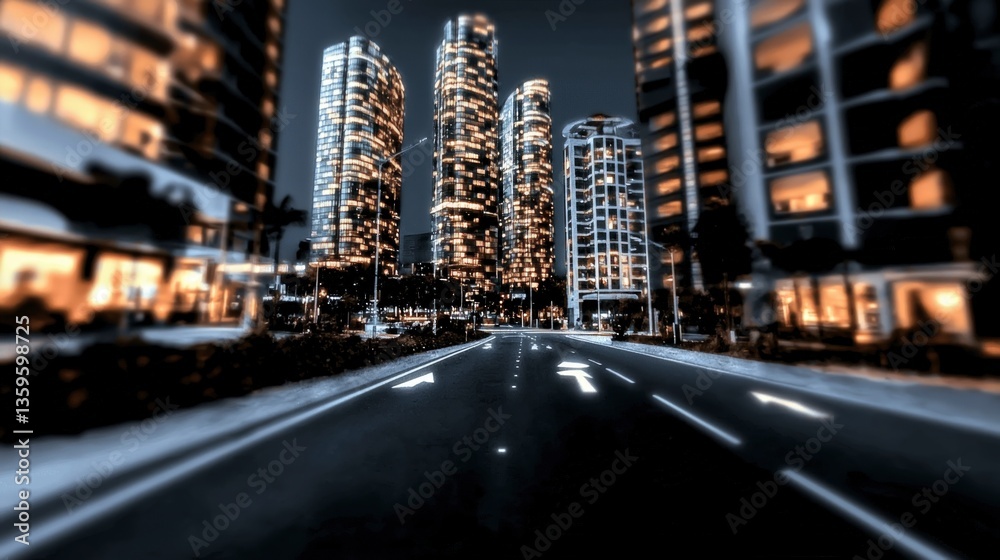 Obraz premium Futuristic Cityscape Night Road Skyscrapers Urban Exploration