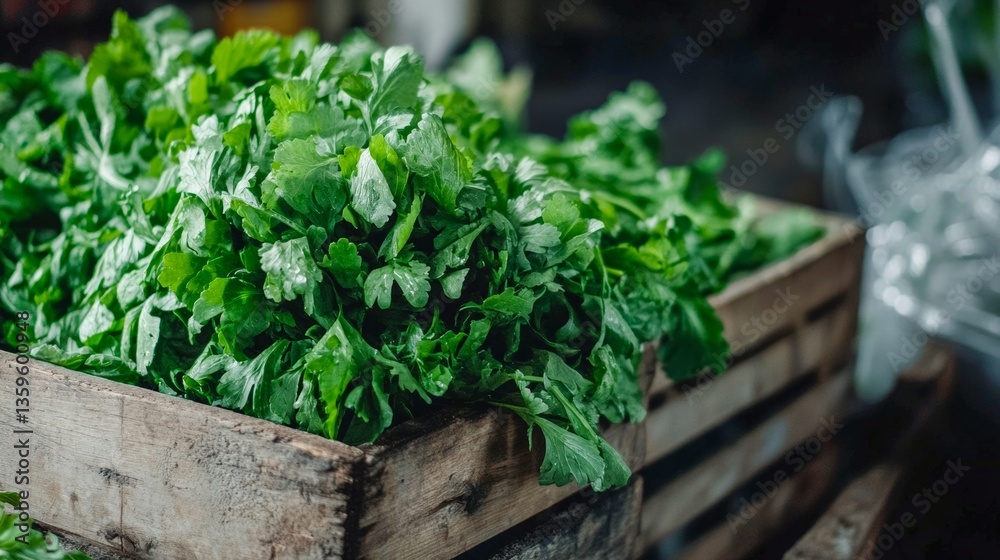 Obraz premium Freshly harvested cilantro displayed in a wooden crate at a local market during early morning hours