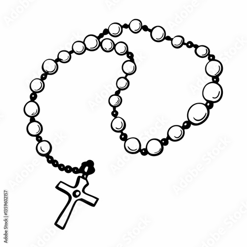 Black and White Rosary Beads with Cross  Illustration