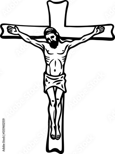 Line Art of Jesus on the Cross Religious Symbol in Black and White