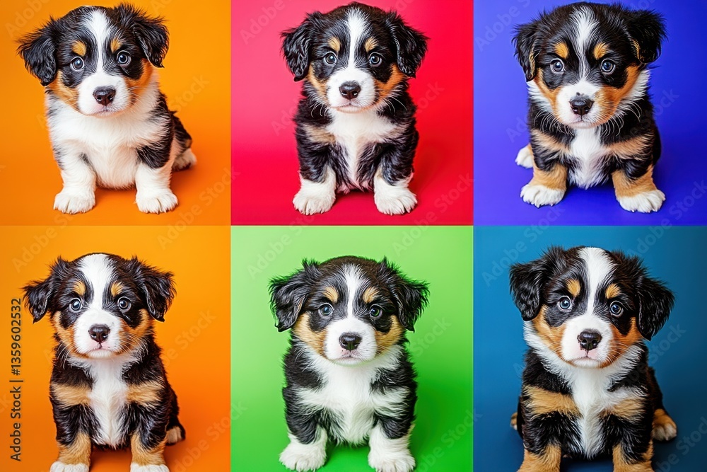 Obraz premium Adorable puppies sitting against vibrant colored backgrounds showcasing their playful nature