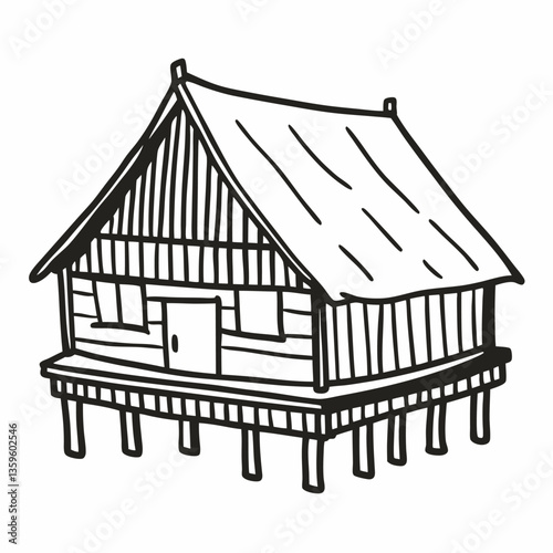 Rustic Wooden Cabin on Stilts Hand Drawn  Illustration for Outdoors and Camping Designs