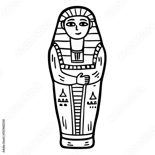 Ancient Egyptian Mummy Sarcophagus Outline Illustration in Black and White