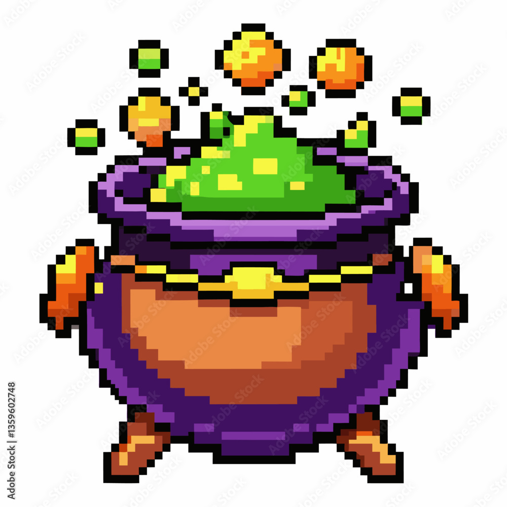 Obraz premium Pixel Art Cauldron with Green Potion and Bubbles Vibrant Retro Game Graphics