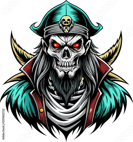 A skull with red eyes and a pirate hat