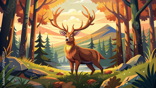 Nature wildlife scene with majestic brown deer in forest wild animals portrait in wilderness beautiful male stag with antlers standing alert in autumn landscape among pine trees and grass