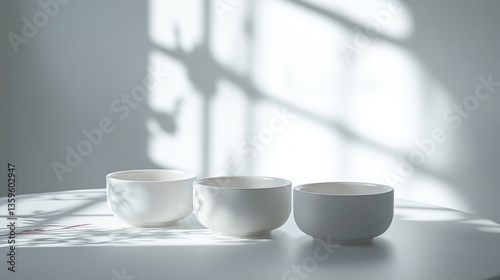 Wallpaper Mural White ceramic cups casting shadows on a table Torontodigital.ca
