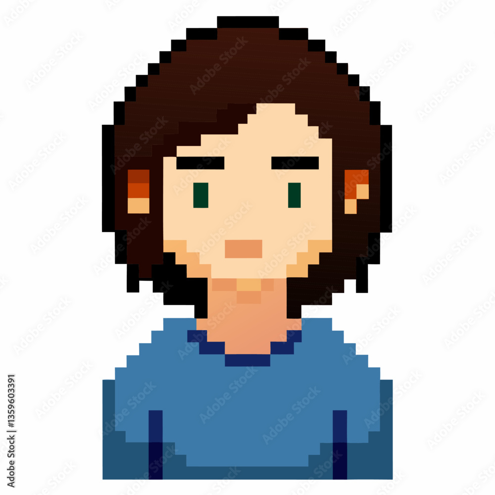 Pixel Art Portrait of Young Person with Brown Hair and Green Eyes in Blue Shirt Pixel Art Portrait of Young Person with Brown Hair and Green Eyes in Blue Shirt