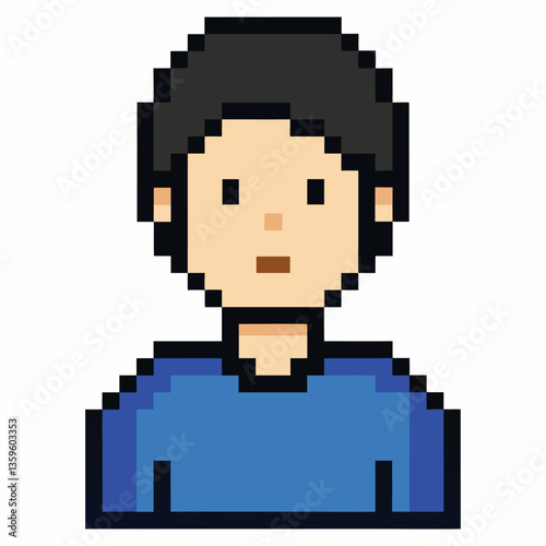 Pixel Art Portrait of a Young Person in a Blue Shirt with Neutral Expression