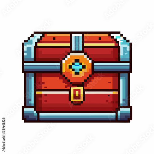 Pixel Art Treasure Chest Icon   Retro Video Game Style, Red and Blue Colors